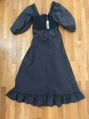 GANNI Black Pinstripe Puff-Sleeve Midi Dress